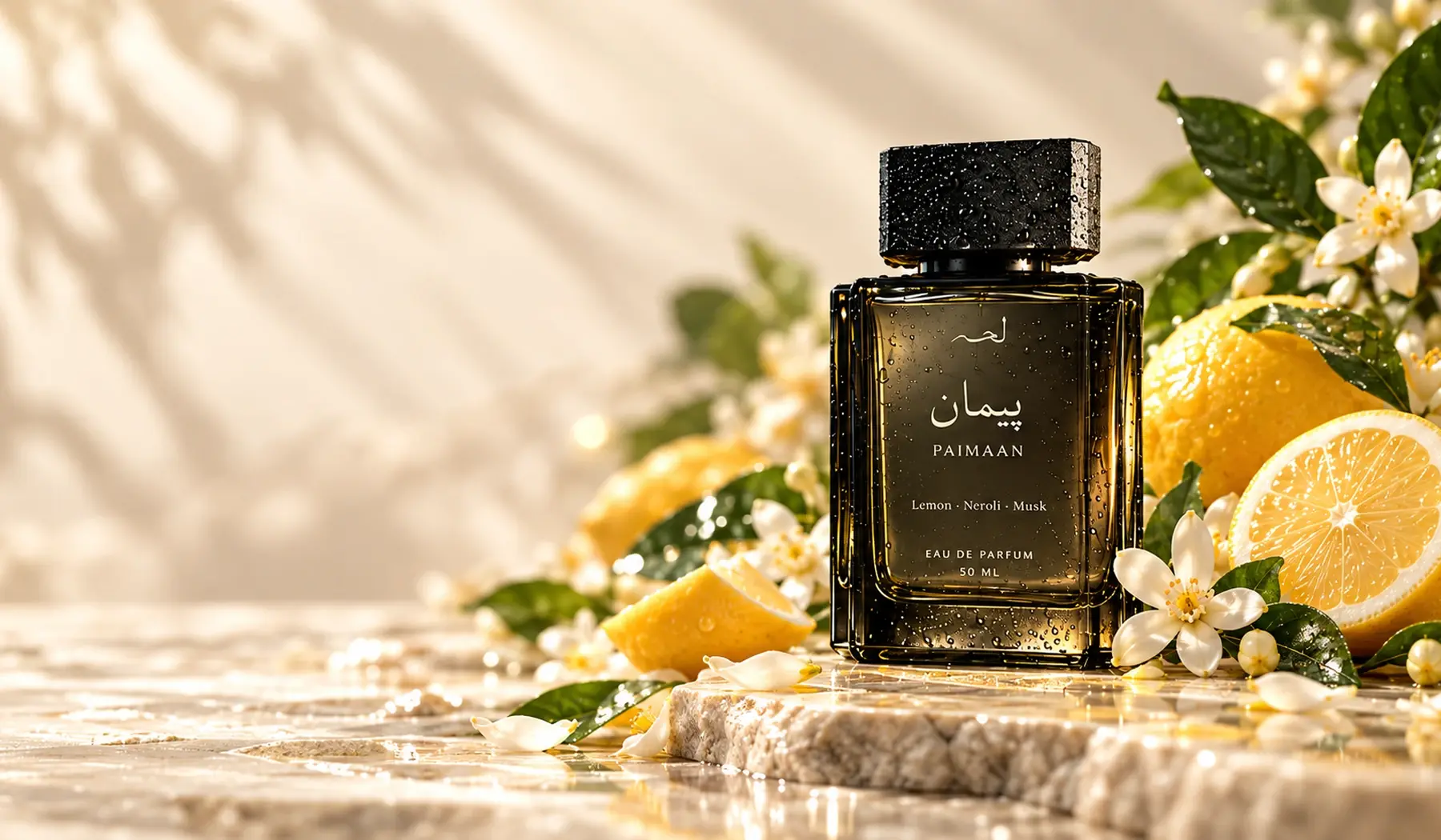 The Paimaan bottle among lemons and white blossom on pale stone