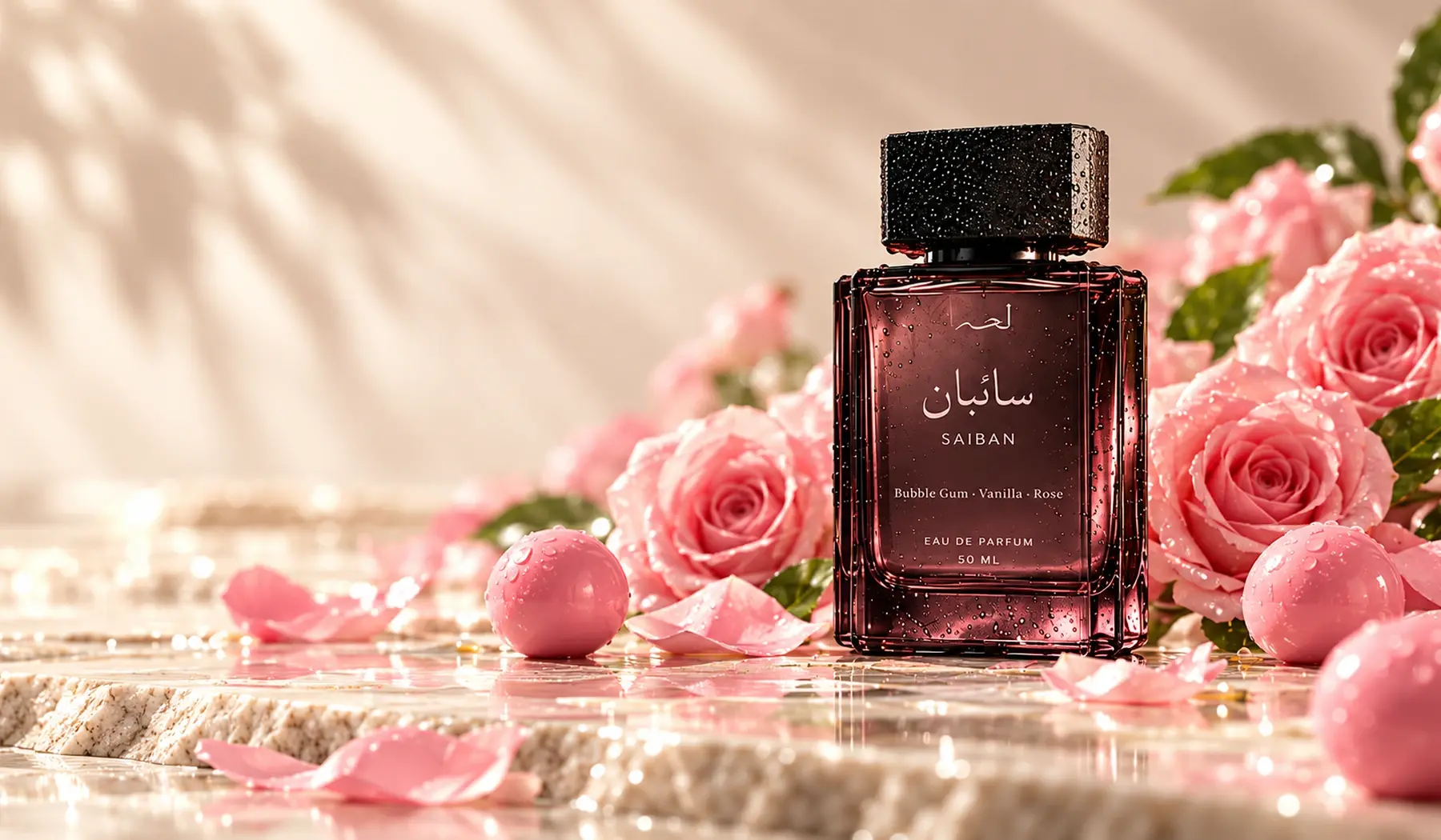 The Saiban bottle among pink roses and bubble-gum spheres on pale stone