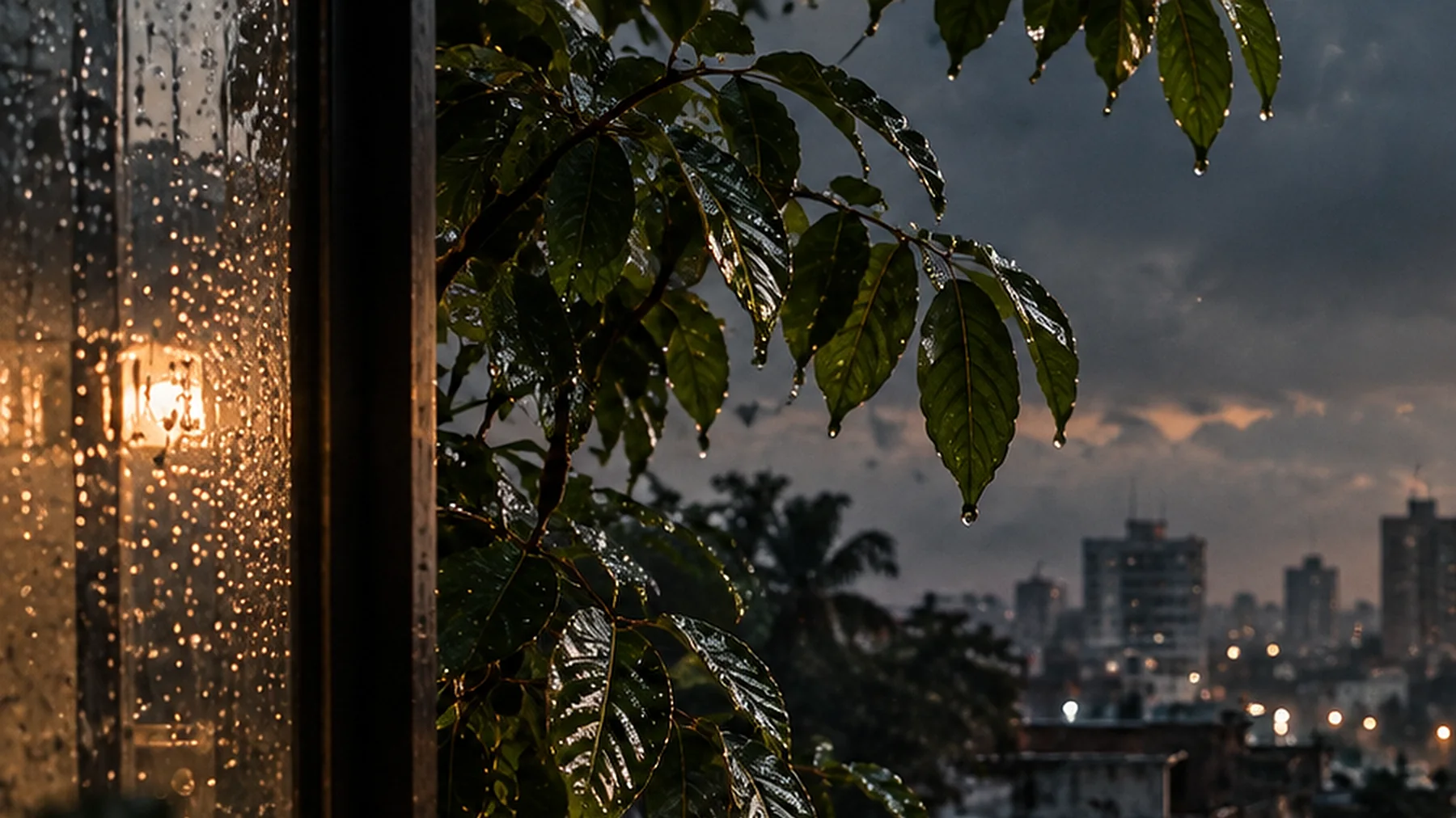 First drops of rain beading on a window; wet leaves beside it