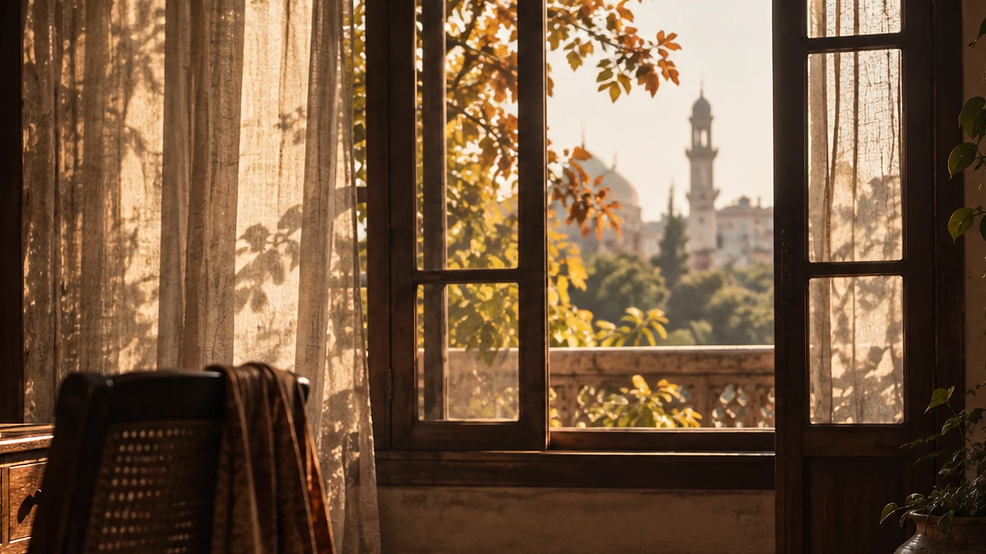 October light through lace curtains and an open window