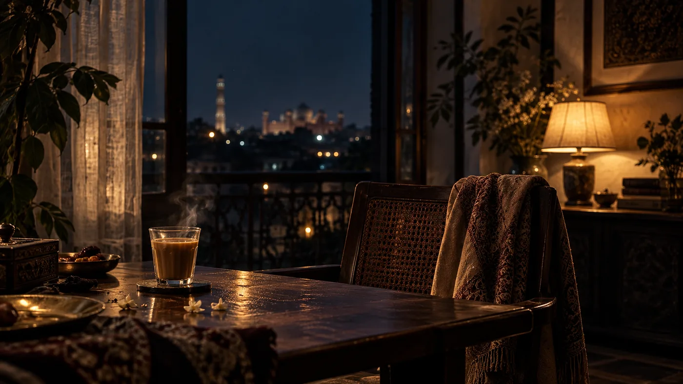 A late-night table: chai, a shawl over a chair, a lamp and the night city