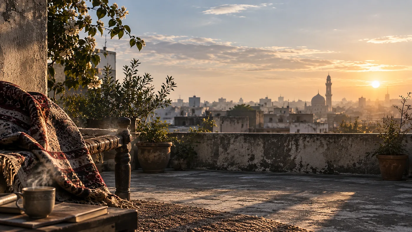 A rooftop at sunrise, a blanket and a cup of tea