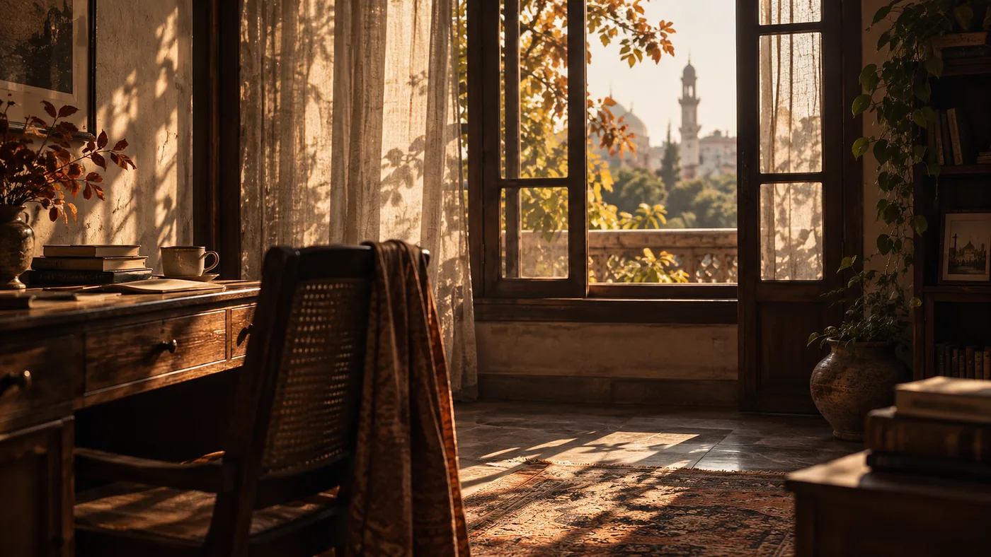 An October room: a desk, a chair, lace curtains and an open window