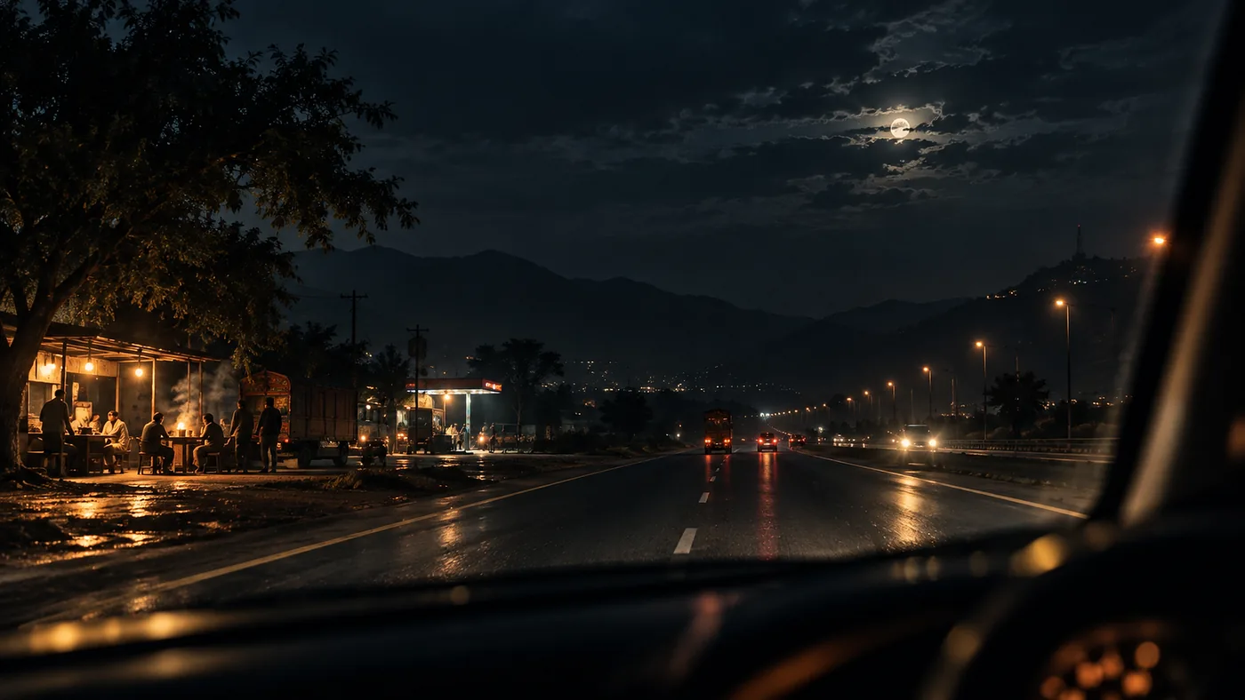 A wet highway at night seen through a windscreen, a roadside tea stall glowing