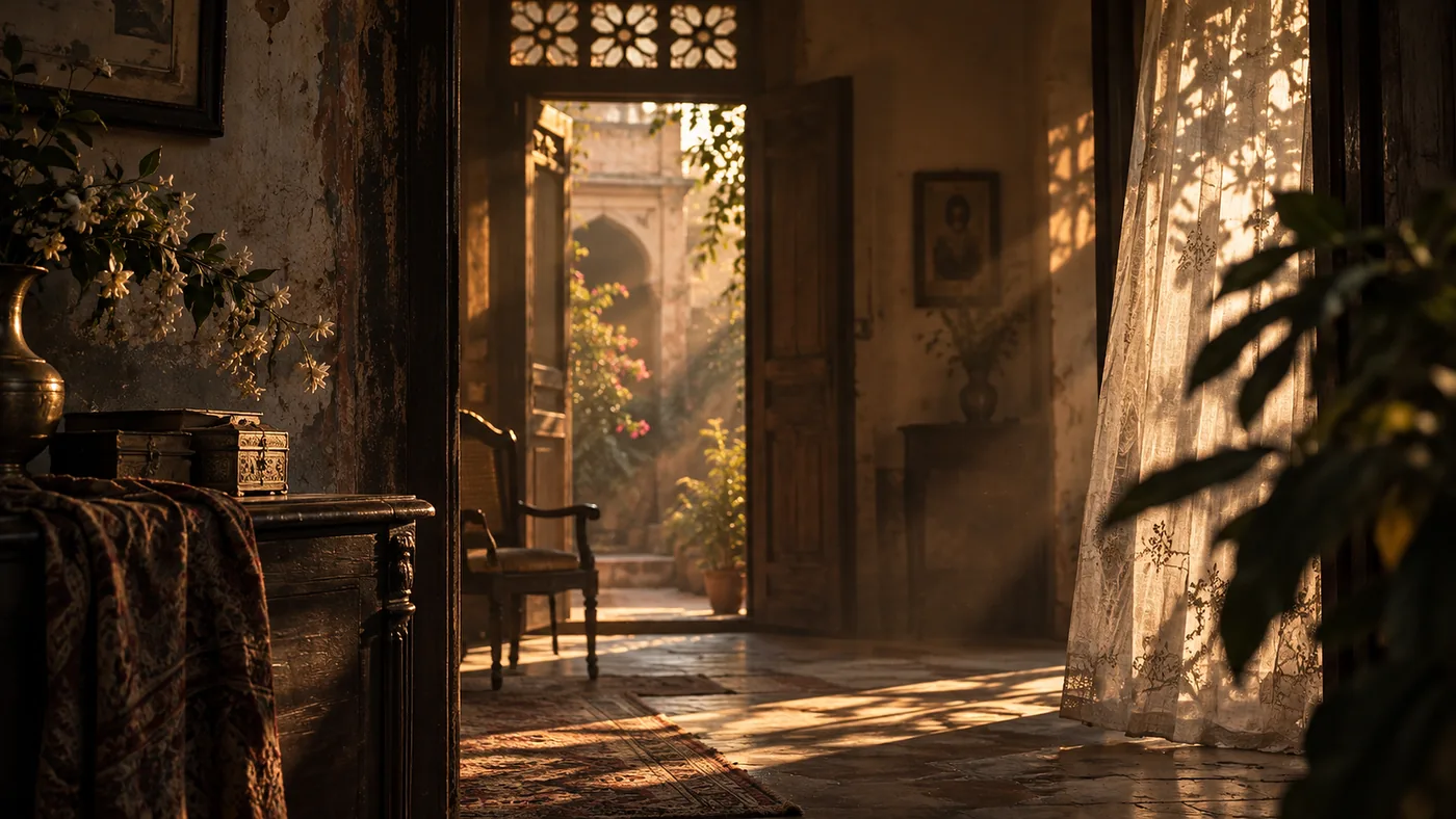 An old house in low sun: an open door onto a garden, lace curtain and jasmine