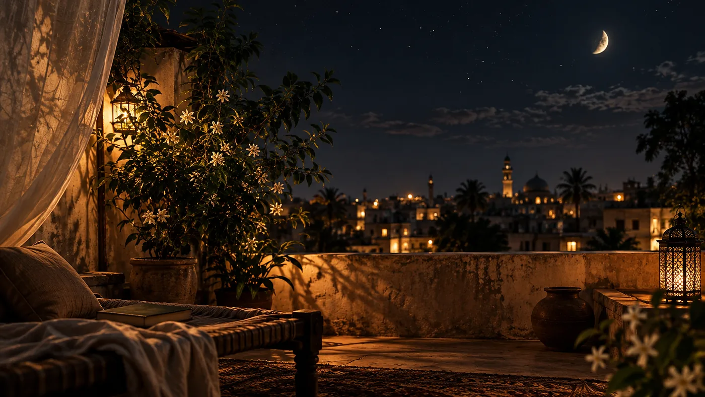 A rooftop on a summer night: jasmine, a lantern, a crescent moon over the city