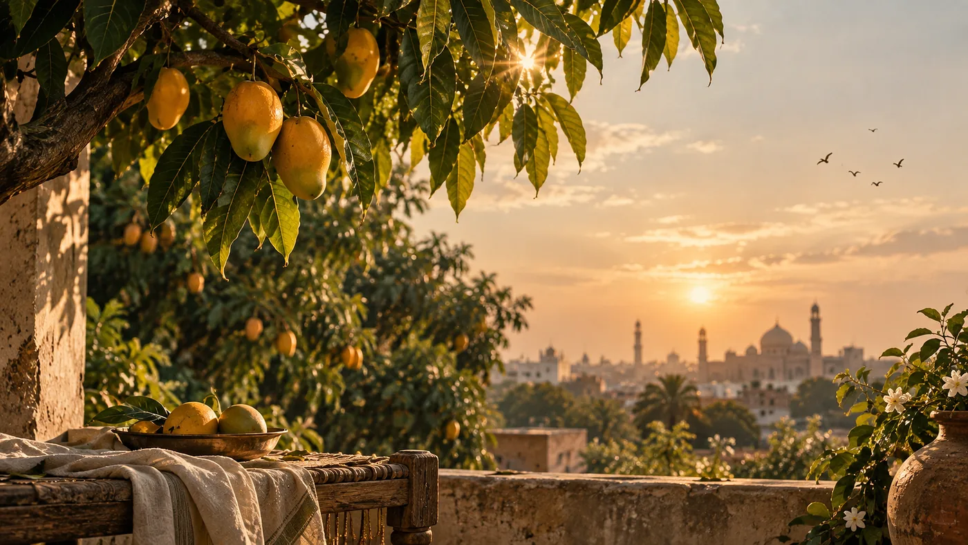 Mangoes on the branch in golden evening light over a domed skyline