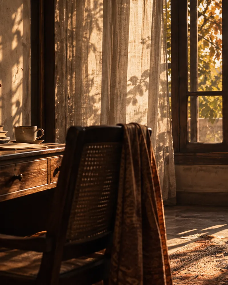 A cane chair with a shawl beside a desk in warm October light