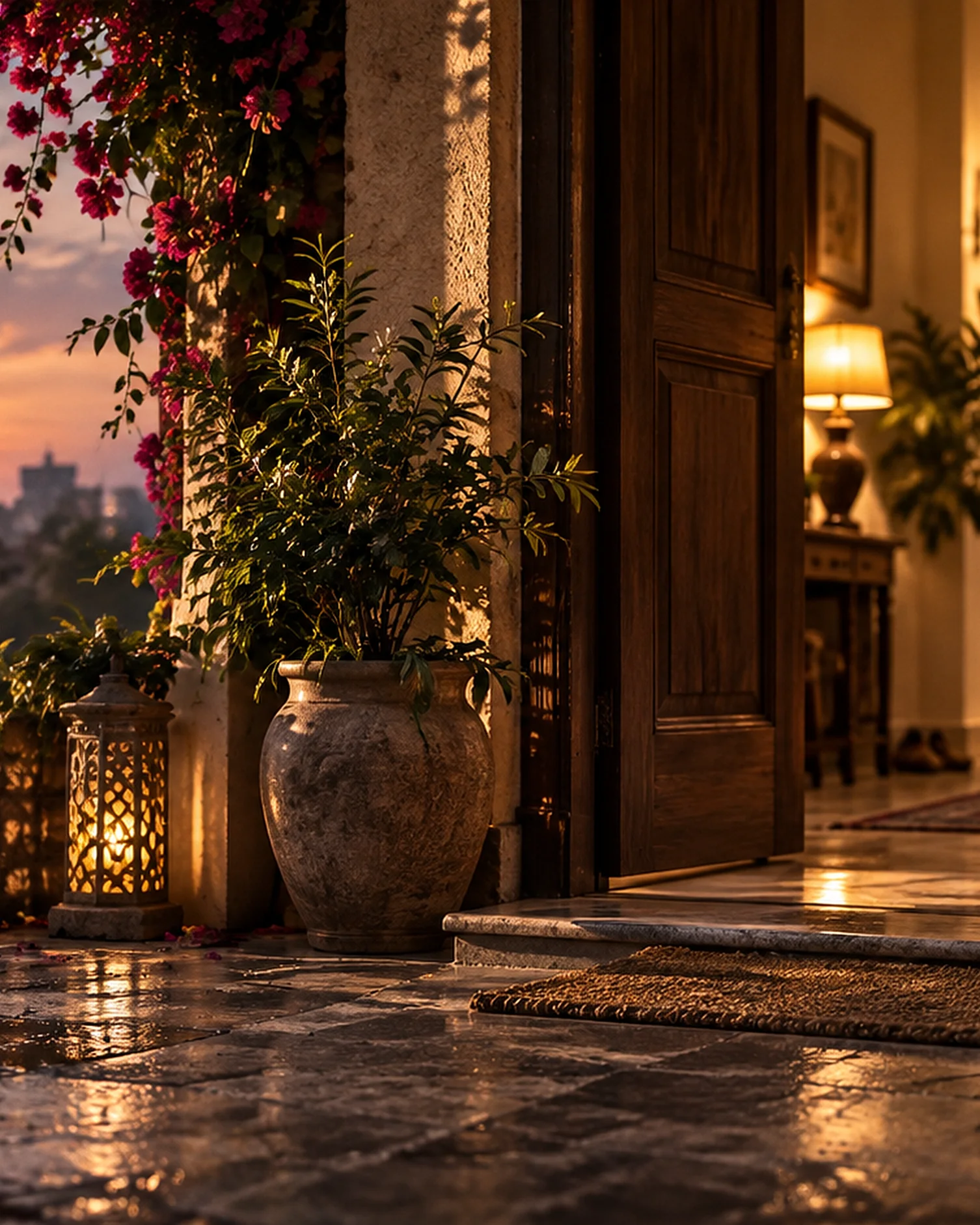 An open wooden door at sunset, a stone jar and a lantern on the threshold